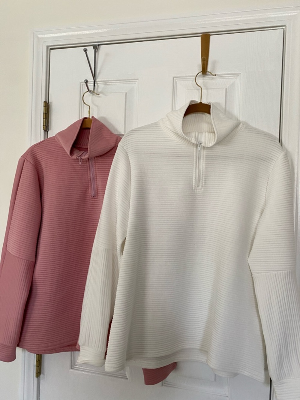 Half-Zip Ribbed Sweater in Pink and Cream